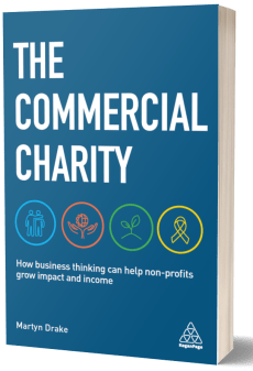 3D cover of the book "The Commercial Charity" by Martyn Drake, highlighting how business thinking can help non-profits grow impact and income, with icons representing various aspects of non-profit growth.