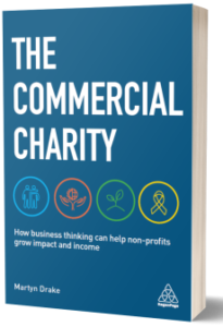 3D cover of the book "The Commercial Charity" by Martyn Drake, highlighting how business thinking can help non-profits grow impact and income, with icons representing various aspects of non-profit growth.
