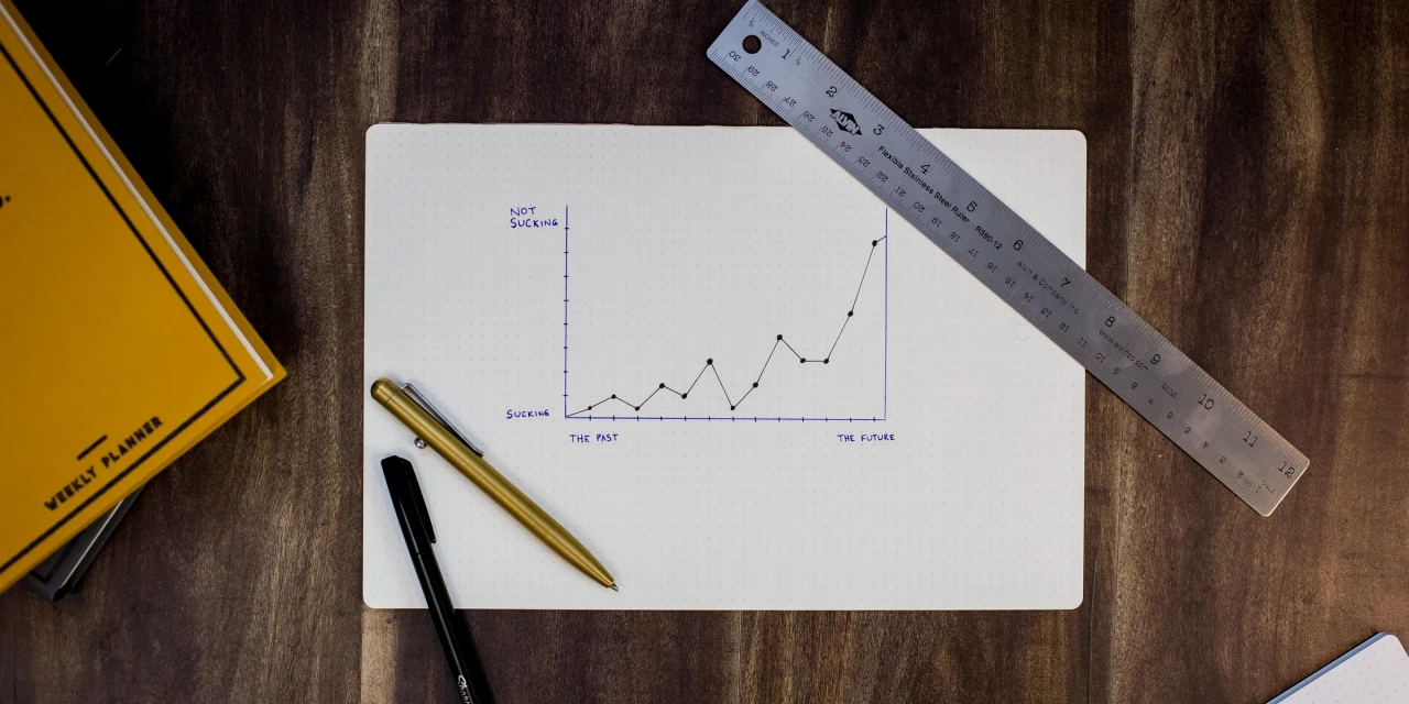 Notebook with a hand-drawn graph labeled "The Past" to "The Future" showing an upward trend, alongside a ruler, pen, and gold pencil on a wooden desk, symbolizing planning and growth.