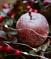 A Christmassy image, featuring a large frosted berry-shaped bauble, nested among green leaves, small red berries, and a thread of fairy lights